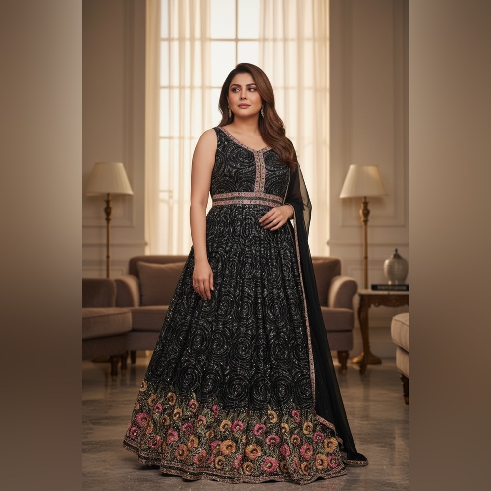 Black gown with flower embroidery at the bottom